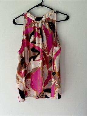 MOTF Floral Print Mock Neck Fold Pleated Sleeveless Blouse